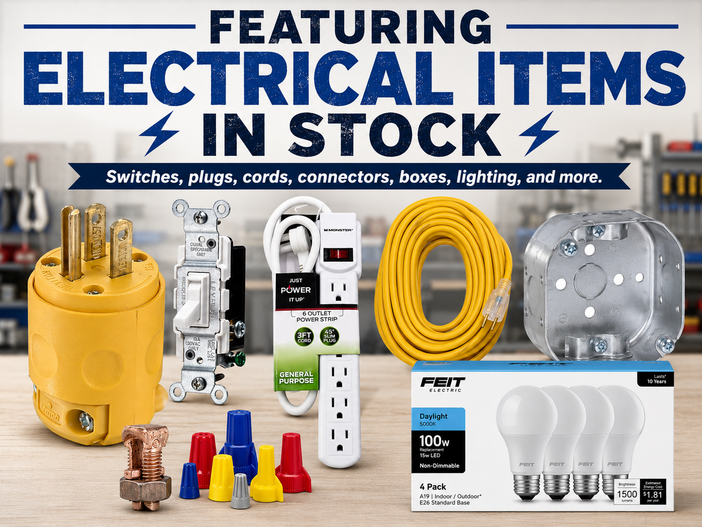 Switches, power strips, cords, connectors, boxes, lighting, and wire nuts