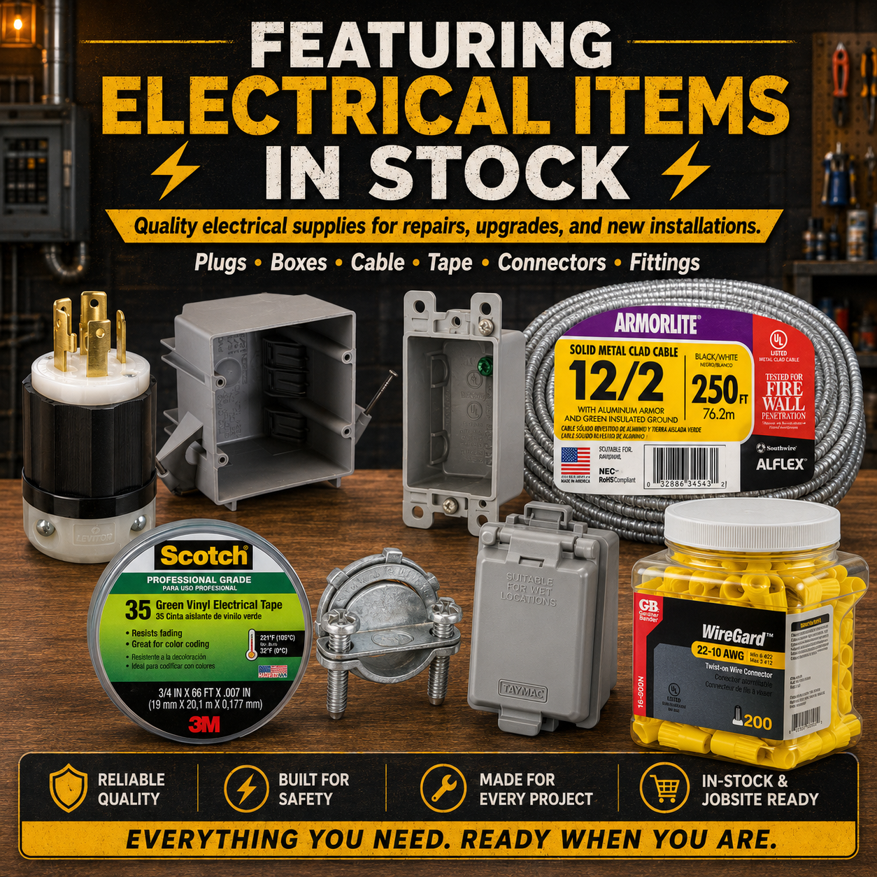 Electrical plugs, boxes, cable, tape, connectors, and fittings