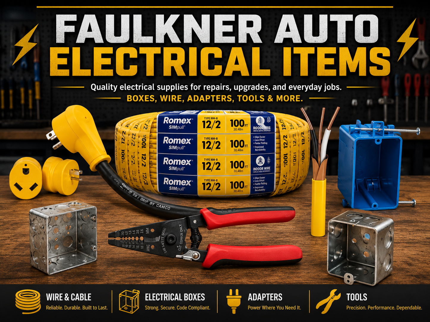 Faulkner Auto electrical items including boxes, wire, adapters, tools, and cable