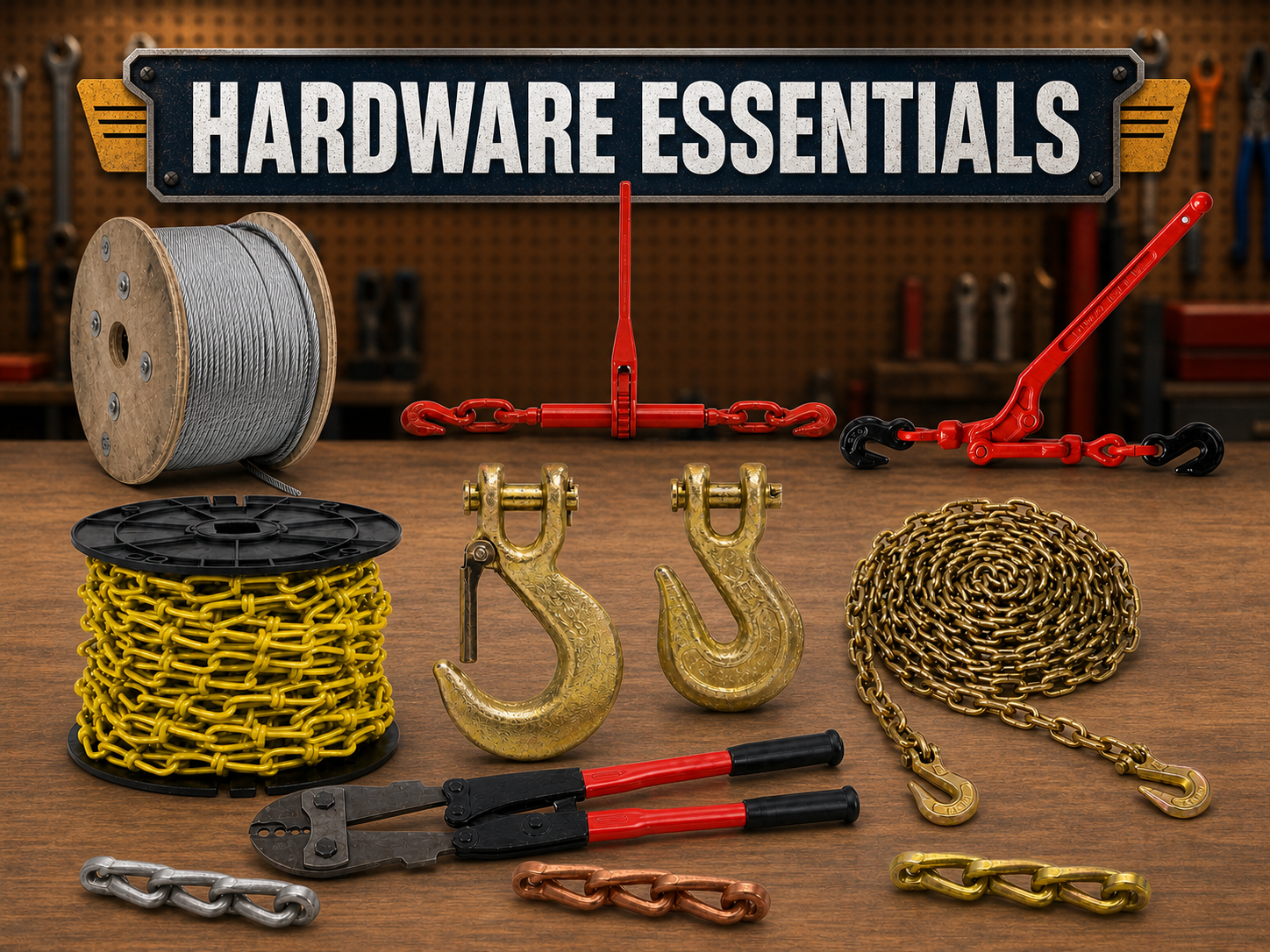 Chain, steel cable, hooks, load binders, and cable crimping tools