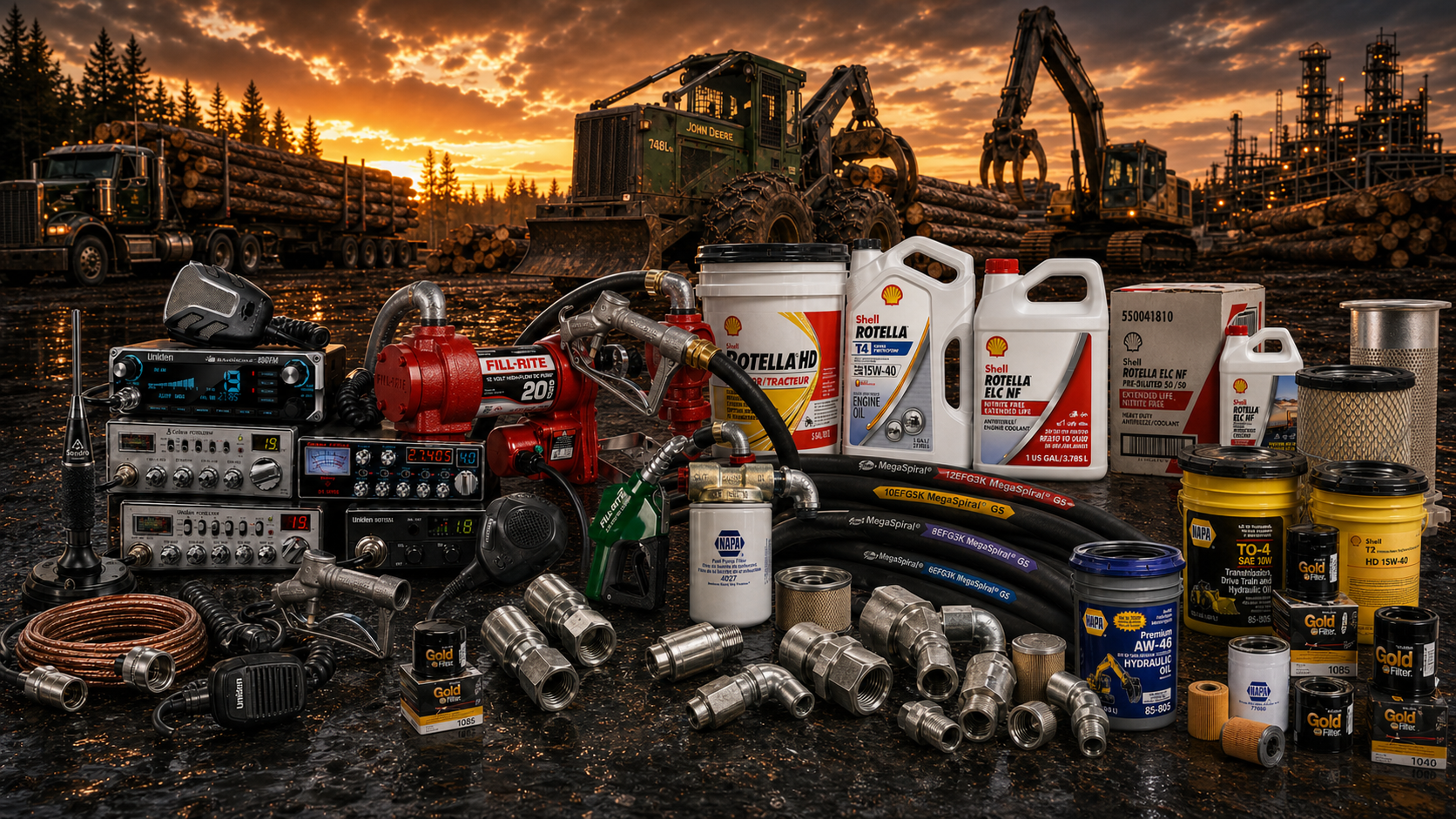 Logging equipment supplies including CB radios, fuel pumps, hydraulic hose, lubricants and filters