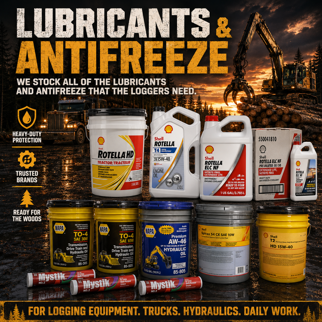 Lubricants and antifreeze for logging equipment