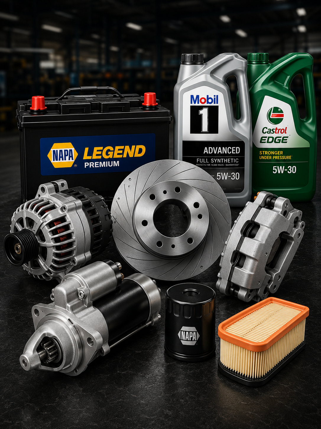 NAPA battery, alternator, starter, brake rotor, brake caliper, filters and motor oil